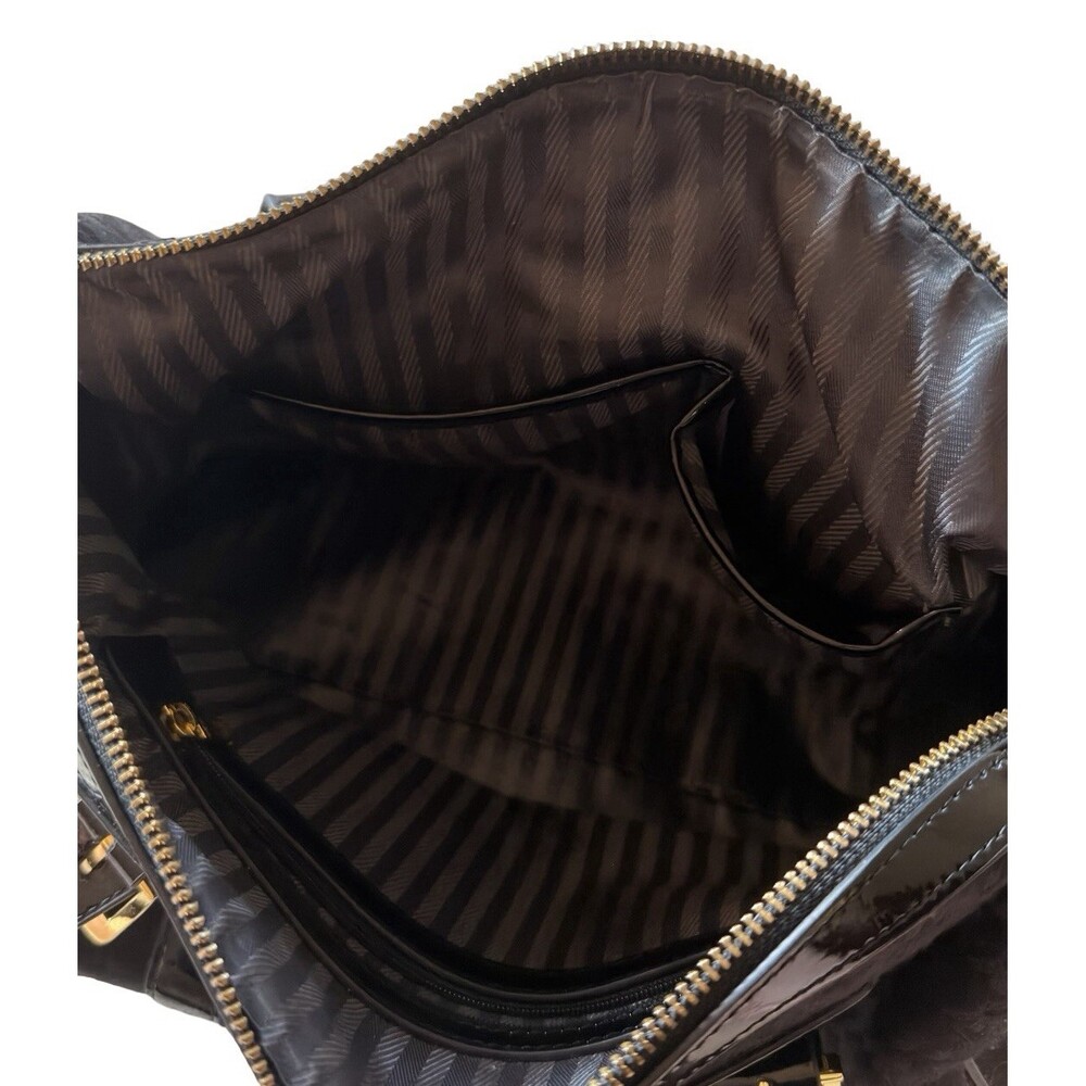 St. John Black Patent Logo Satchel Bag Gold Hardware Zip Top - Picture 6 of 12